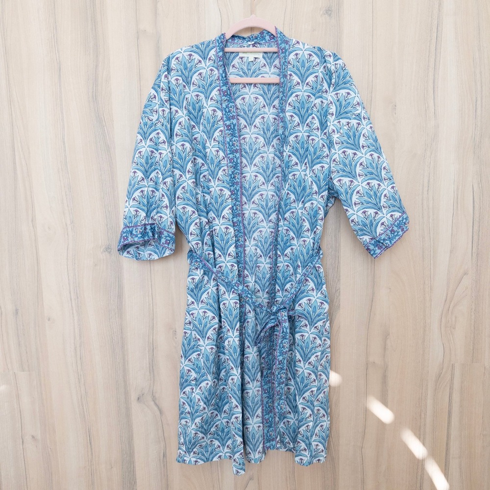 World Market Womens Floral Robe OS Blue Cotton Block Print Kimono Boho Global